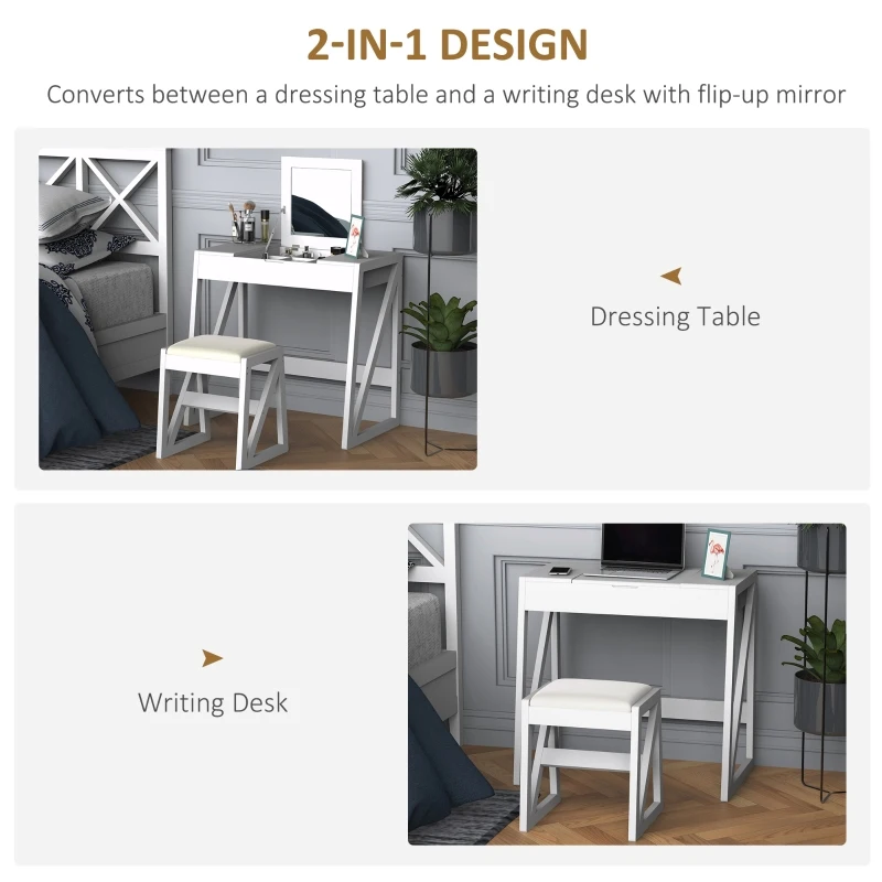 HOMCOM Dressing Table Set with Flip Top Mirror and Cushioned Stool, Makeup Vanity Table Writing Desk with Storage Grids for Bedroom, White