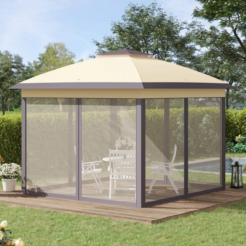 Outsunny 3.3 x 3.3m Pop Up Gazebo Four Sides Double Roof Foldable Canopy Tent Height Adjustable and Carrying Bag, Event Tent for Patio Garden Backyard Steel Beige