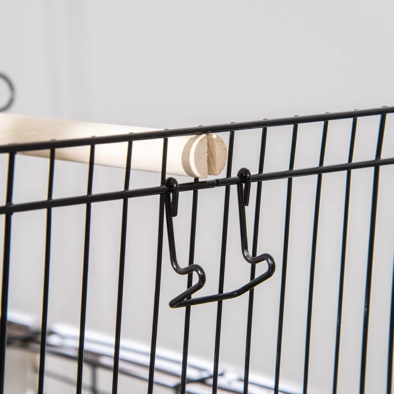 PawHut Large Metal Bird Cage Open Top Aviary for Finch Canaries, Budgies with Handle, Rolling Stand, Slide-out Tray, Storage Shelf, Wood Perch, Food Containers, White