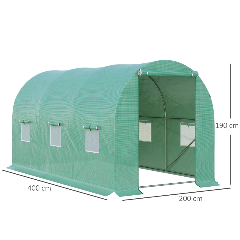 Outsunny 4 x 2 x 2 m Polytunnel Greenhouse with Roll-up Door and 6 Mesh Windows, Walk-in Garden Tunnel Warm House Tent with UV-resistant PE Cover and Galvanised Steel Frame, Green