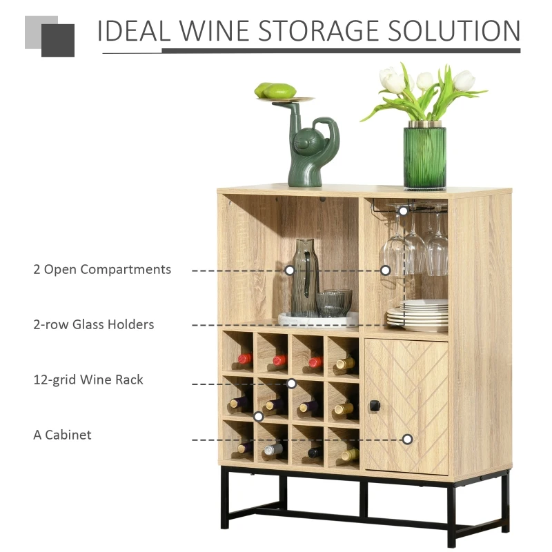 HOMCOM Wine Cabinet for 12 Bottles, Freestanding Wine Rack Sideboard Serving Bar with Glass Holders, Brown