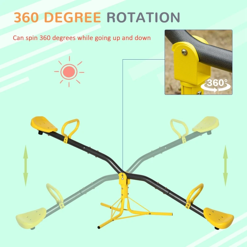 Outsunny 360° Rotating Kids Seesaw Metal Teeter-Totter Children Playground Equipment for Indoors and Outdoors, for Ages 3-7 years, Yellow