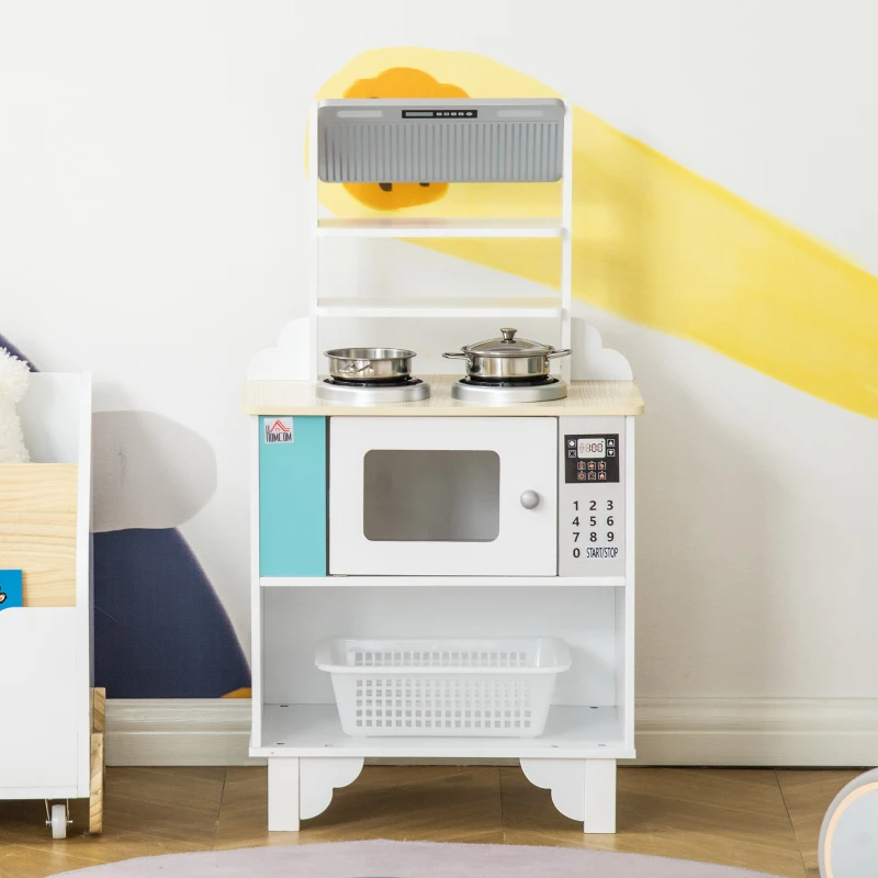 HOMCOM Wooden Kids Toy Kitchen, Play Cooking Set Pretend Role Playset, with Cooking Bench, Pots, Storage Basket, for 3-6 Years