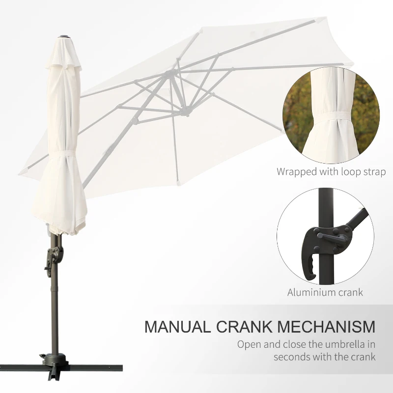 Outsunny 3 meter Patio Offset Roma Parasol Umbrella Cantilever Hanging Sun Shade Canopy Shelter 360° Rotation with Cross Base, Cream White