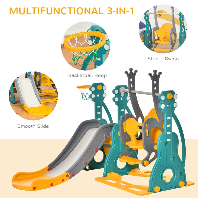 HOMCOM 3-IN-1 Kids Swing and Slide Set with Basketball Hoop Slide Swing Adjustable Seat Height Toddler Playground Activity Center Indoor and Outdoor Play Equipment