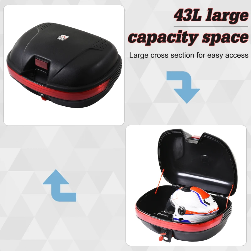 HOMCOM 43L Motorcycle Trunk Travel Luggage Storage Box Motorbike Accessory Large Storage Space For 2 Half Helmet - Black