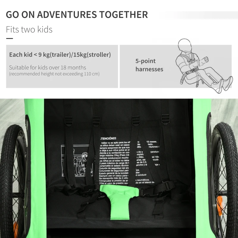 HOMCOM Child Bike Trailer 2 In1 Foldable Baby Stroller 2-Seater Transport Carrier with Adjustable Handlebar Storage Bag Reflector Flag 118L x 83W x 96H cm(Stroller) Green