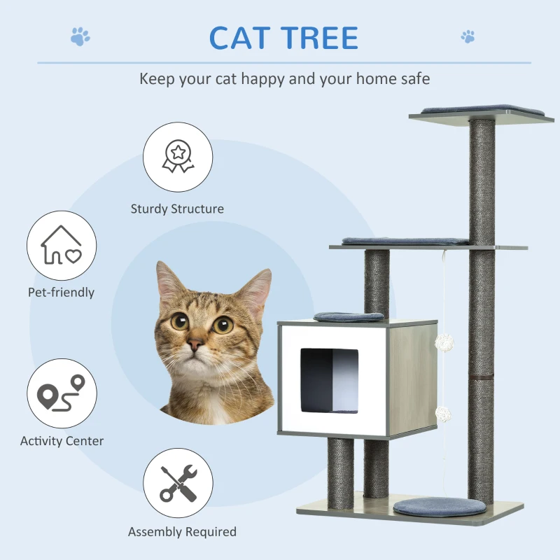 PawHut 120cm Multi-level Cat Tree Kittens Activity Tower with Scratching Posts Pet Play House Furniture, Grey