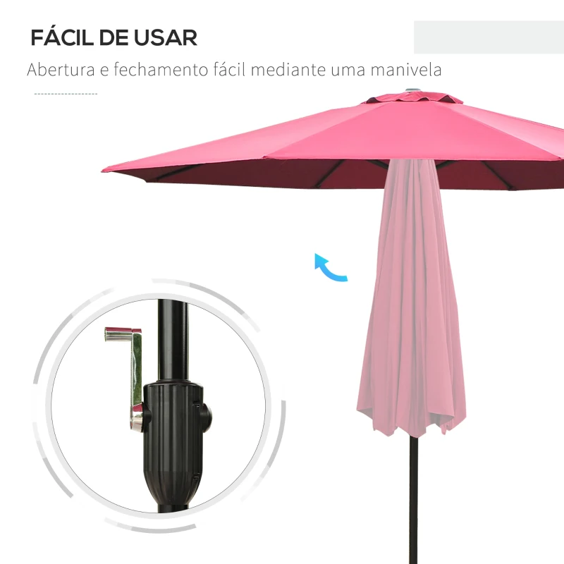 Outsunny Chapéu de Sol de Jardim Ø295x250cm com Manivela Chapéu de Sol Exterior com Mecanismo de Inclinação e Mastro Desmontável de Metal para Terraço Piscina Pátio Vinho