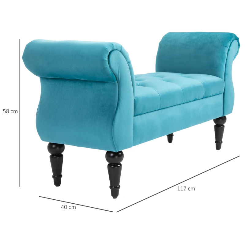 HOMCOM Vintage Bed End Bench with Armrest Tufted Footrest Stool Upholstered Bedroom Imitation Velvet Blau 117 x 40 x 58 cm