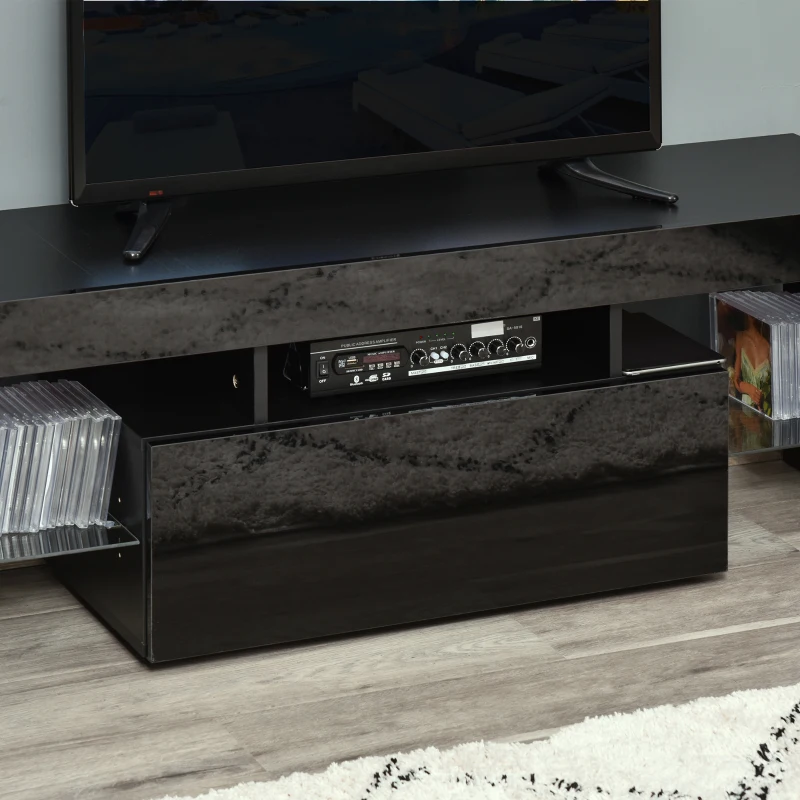HOMCOM High Gloss TV Stand Cabinet with LED RGB Lights and Remote Control for 43"/50"/55" TV, Media TV Console Table with Compartment, Black
