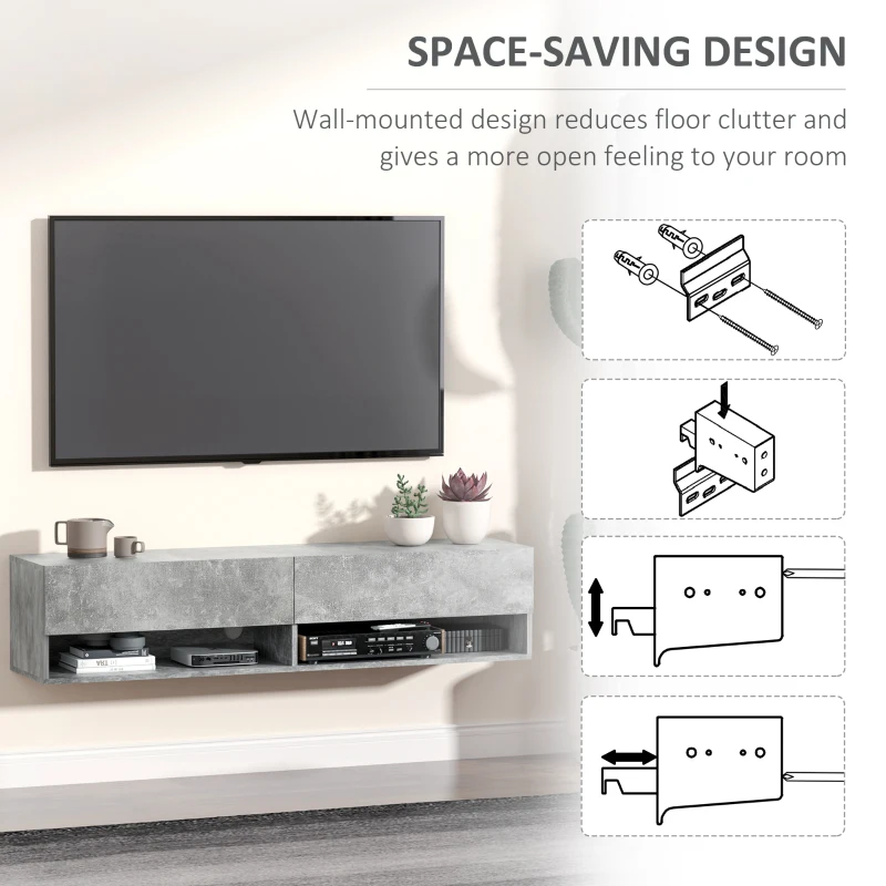 HOMCOM Floating 60'' TV Stand Wall Mounted Media Console Table Cabinet with 4 Storage Shelves Cable Management System Grey
