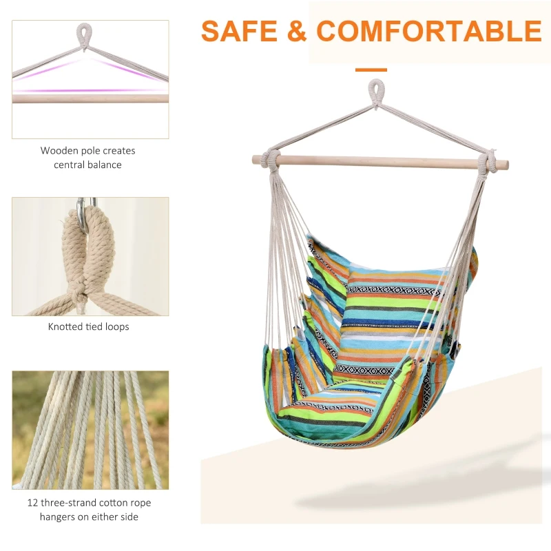 Outsunny Hammock Chair Swing Hanging Macrame Chair Cotton w/ Two Soft Seat Cushions, for Bedroom Indoor Outdoor Ideal Gift for Kids Lover Birthday Present Color Stripes