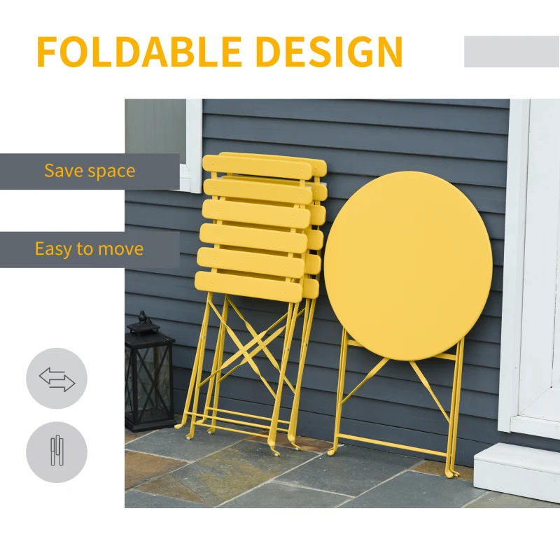 Outsunny 3pc Garden Table Set Foldable Dining Set with 1 Round Table and 2 Chairs Backyard Outdoor, Yellow