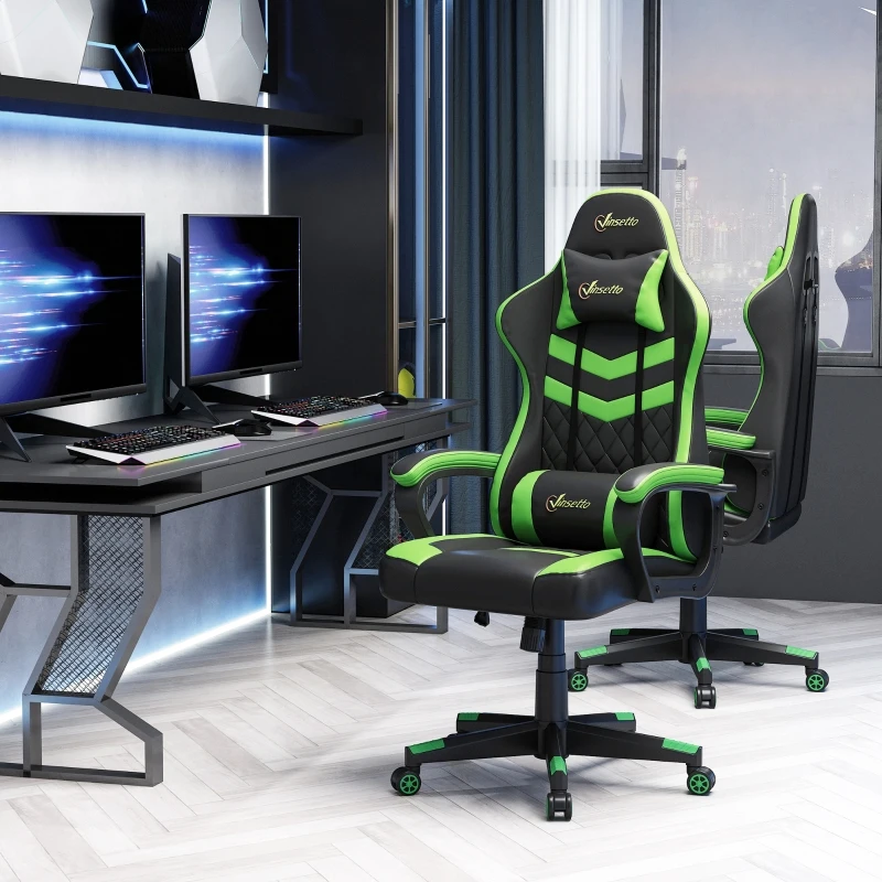 Vinsetto High Back Rocking Gaming Office Chair with Headrest and Lumbar Support, Rolling Casters Green