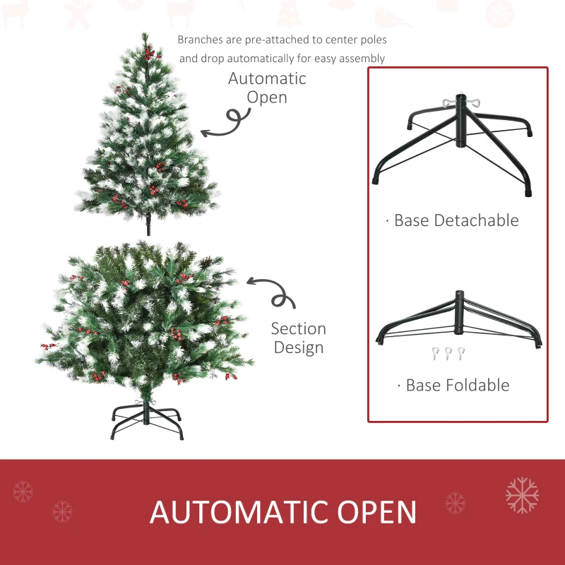 HOMCOM 5ft Snow-Dipped Artificial Christmas Tree w/ Red Berries Metal Base Home Season Decoration Holiday Elegant Traditional