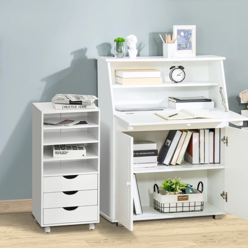 Vinsetto 3 Drawers Wooden File Cabinet with 4 Caster Wheels, 4 Open Shelves Mobile Filing Organizer for Home & Office, White
