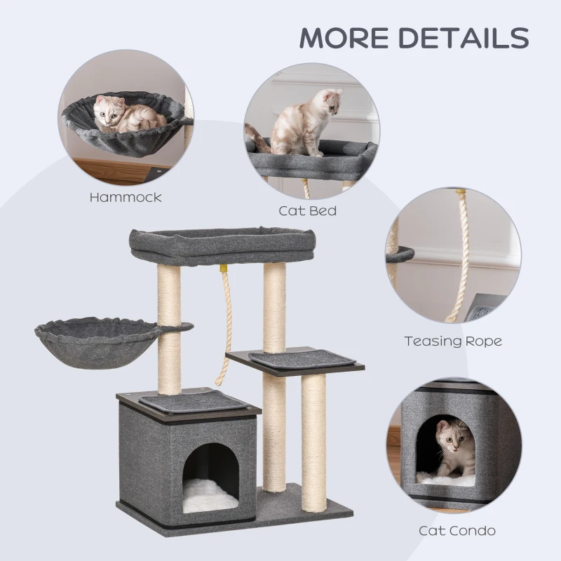 PawHut Cat Tree Tower for Indoor Cats Climbing Activity Center Kitten Furniture with Sisal Scratching Post Bed Condo Perch Teasing Rope Dark Grey