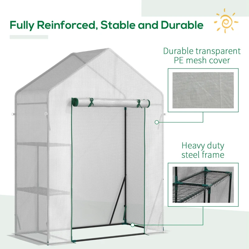 Outsunny Greenhouse for Outdoor, Portable Gardening Plant Grow House with 2 Tier Shelf, Roll-Up Zippered Door, PE Cover, 143 x 73 x 195cm, White