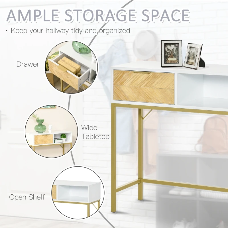 HOMCOM Console Sofa Table Modern Hallway Desk with Drawers Storage Shelves for Entryway Living Room Bedroom White and Gold