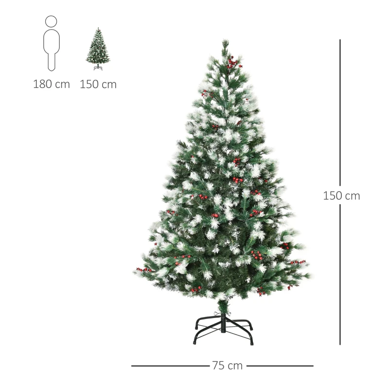HOMCOM 5ft Snow-Dipped Artificial Christmas Tree w/ Red Berries Metal Base Home Season Decoration Holiday Elegant Traditional