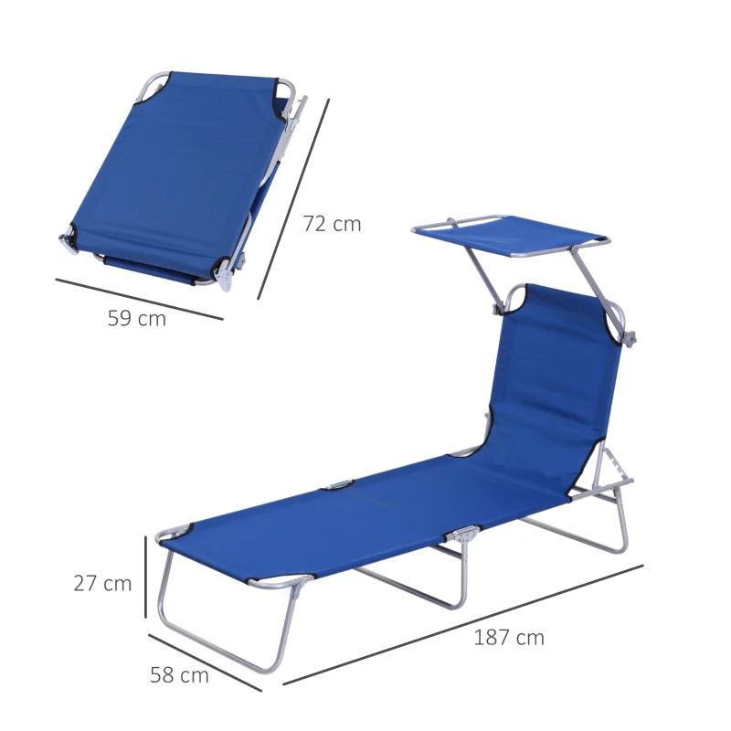 Outsunny Reclining Chair Folding Lounger Seat with Sun Shade Awning Beach Garden Outdoor Patio Recliner Adjustable, Blue
