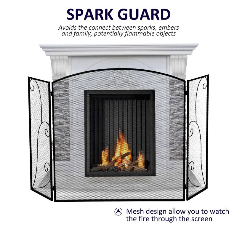 HOMCOM 3-Panel Metal Fireplace Mesh Screen Home Foldable Steel Spark Guard Decoration, Black