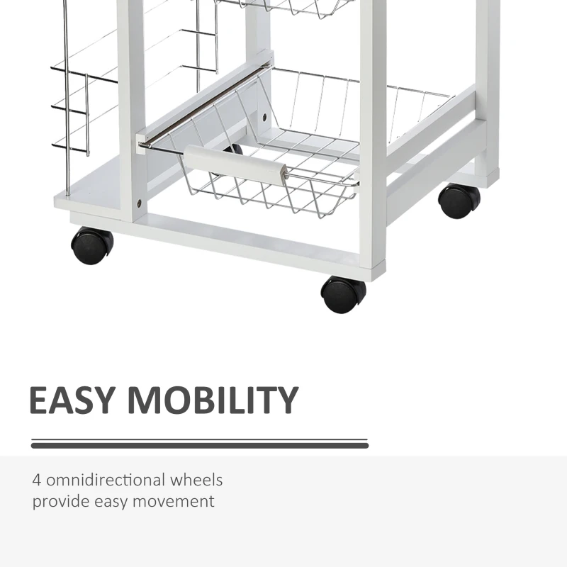 HOMCOM 3-Tier Kitchen Cart Wood Top Movable Trolley with Drawer Baskets Spice Racks