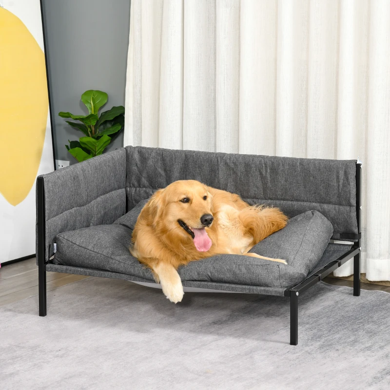 PawHut Raised Dog Bed for Medium-Sized Pet Metal Frame PP Cotton Sponge Cushion Grey 93.5 cm x 69 cm x 48.5 cm
