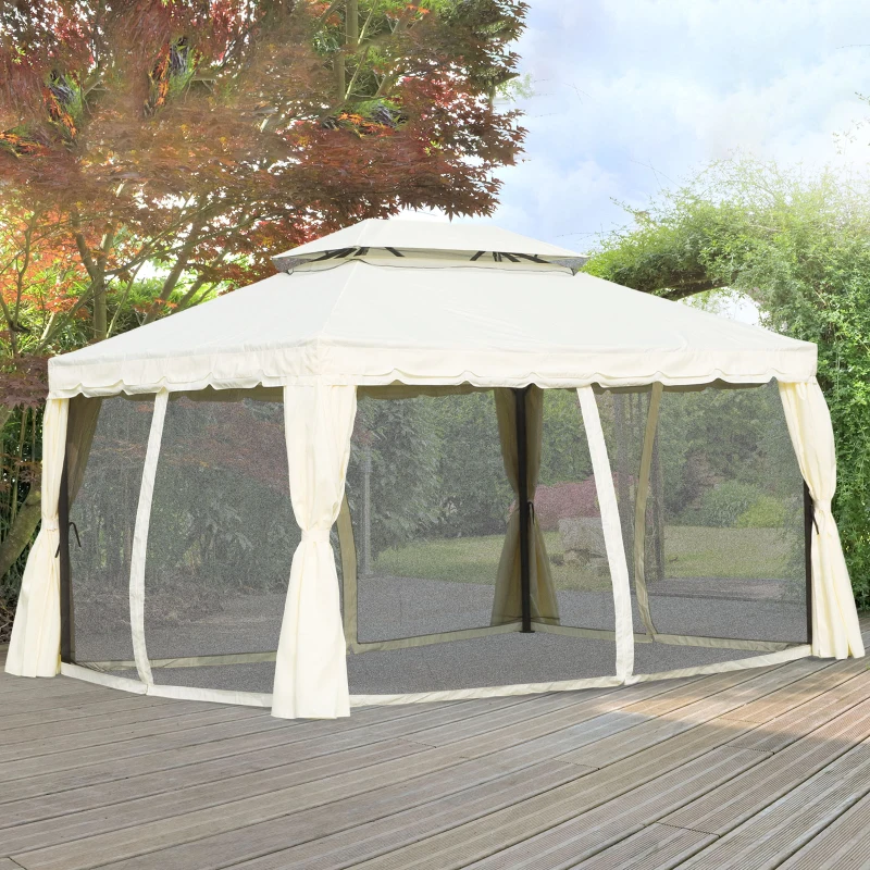 OUTSUNNY 10x13ft Aluminum Frame Gazebo Canopy Double Tier Garden Shelter with Netting and Curtains