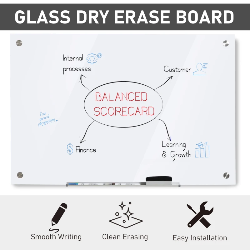 Vinsetto Glass Magnetic Dry Erase Whiteboard, Frameless Board on Wall, w/ Dry Eraser, 4 Markers and Pen Holder 35.5" x 23.5" x 0.18"