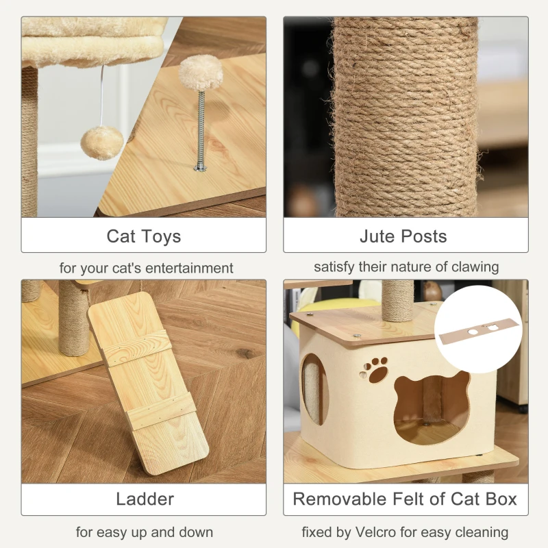 PawHut Cat Tree Tower 130cm Climbing Kitten Activity Center with Jute Scratching Post Perch Roomy Condo Hammock Removable Felt Hanging Toy, Yellow