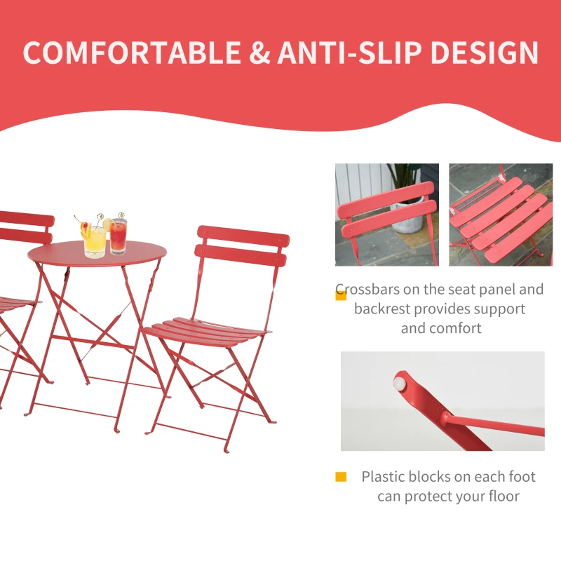 Outsunny 3pc Garden Table Set Foldable Dining Set with 1 Round Table and 2 Chairs Backyard Outdoor, Red