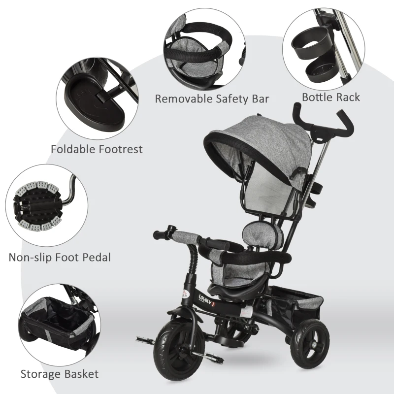 HOMCOM 3 in 1 Kids Tricycle Pedal Push Trike w/ Pusher Removable Canopy Safety Belt Storage Footrest Brake for 18 Months to 5 Years Grey