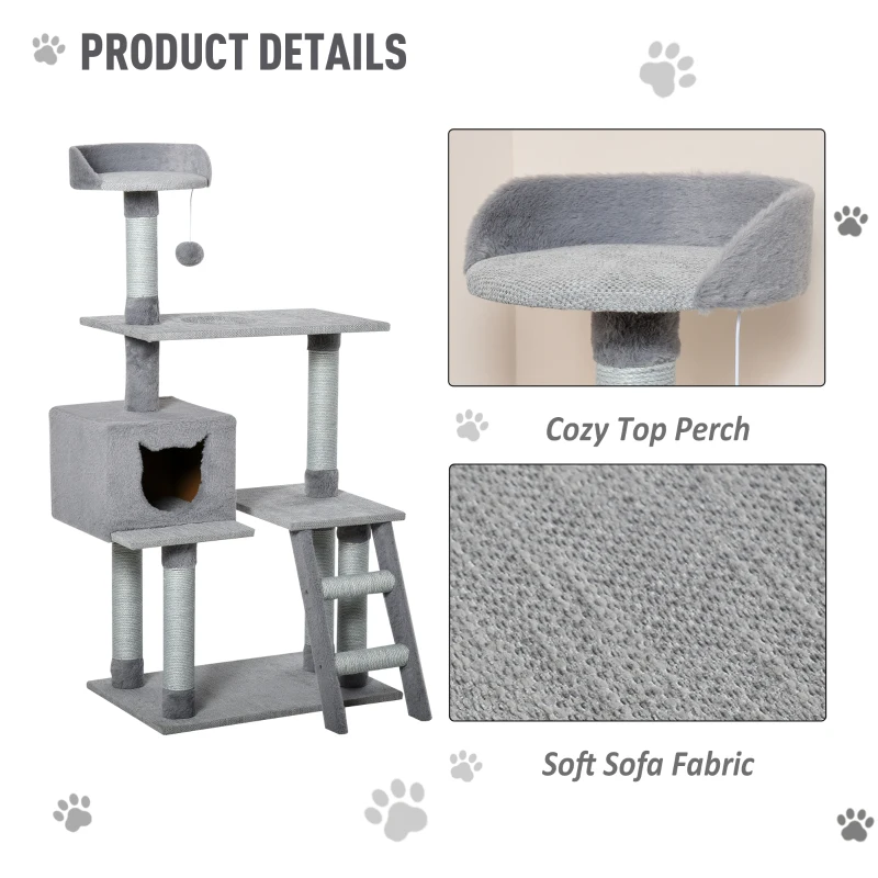 PawHut Multi-Level Cat Tree Tower Activity Center Climbing Frame Kitten House Furniture with Jute Scratching Posts Ladder Dangling Ball Toy Condo Perch Grey