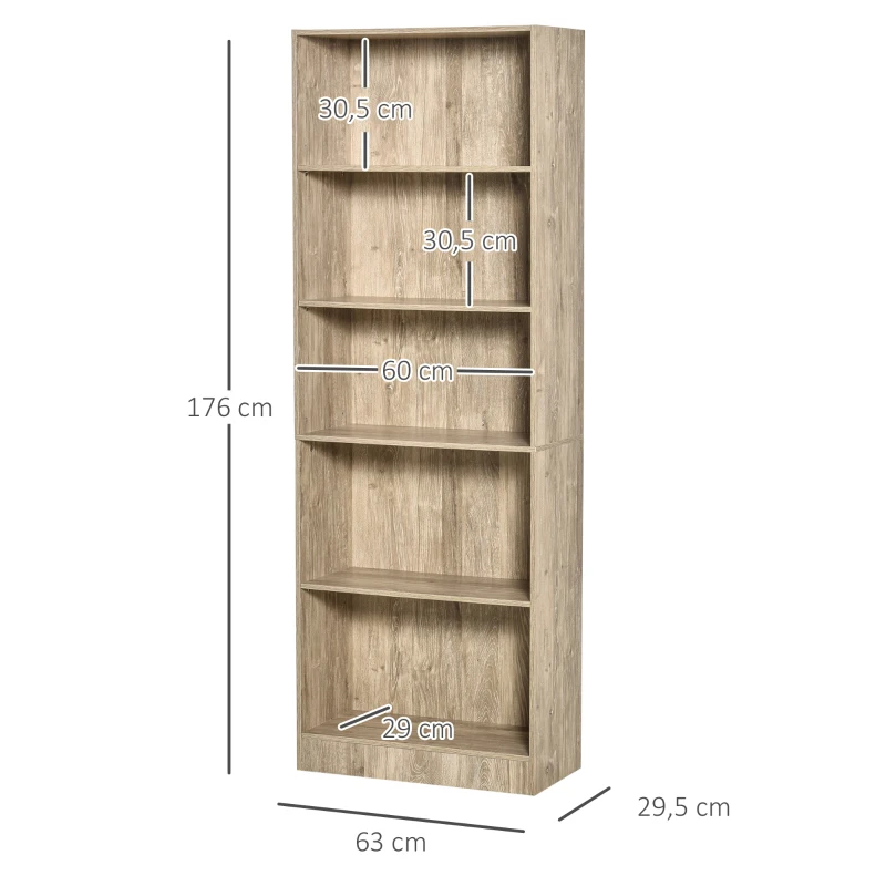 HOMCOM 5-Tier Bookshelf Storage Cupboard with Adjustable Shelves Display Unit for Living Room, Office, Nature Wood