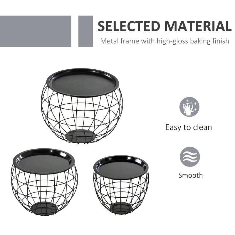 HOMCOM 3 Piece End Table Steel  Storage Organizer Removable Tabletop for Living Room, Meeting Room,Black