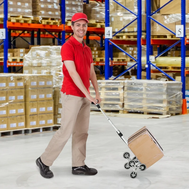 Durhand 70kg/154lbs 6-Wheels Up Stairs Trolley Hand Trucks Foldable Steel Load Cart W/ Fixed Rope