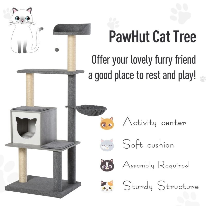 PawHut Multi-level Cat Tree with Sisal-Covered Scratching Posts, House and Baskets Activity Center for kittens Cat Tower Furniture Grey White