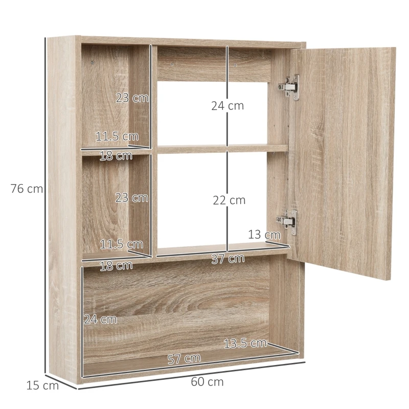 Kleankin Wall-Mounted Wooden Storage Bathroom Mirror Cabinet with Glass Door Adjustable Open Shelf Oak Grain