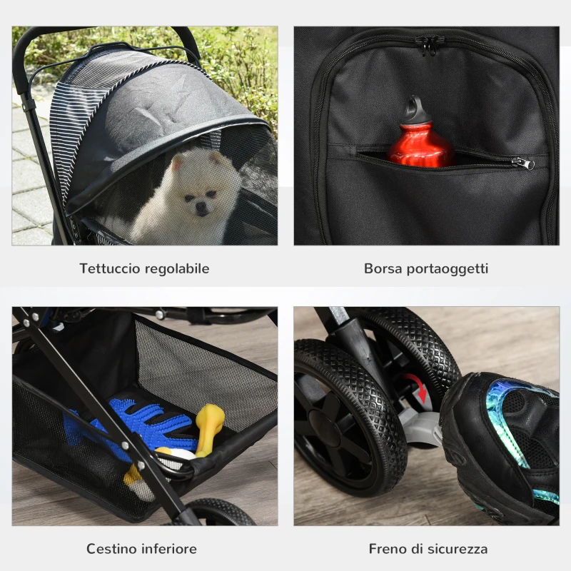PawHut Pet Stroller Foldable Dog Cat Travel Carriage with Reversible Handle Rear Door EVA Wheel Brake Basket Storage Bag 3-stage Canopy Mesh Window Door Black