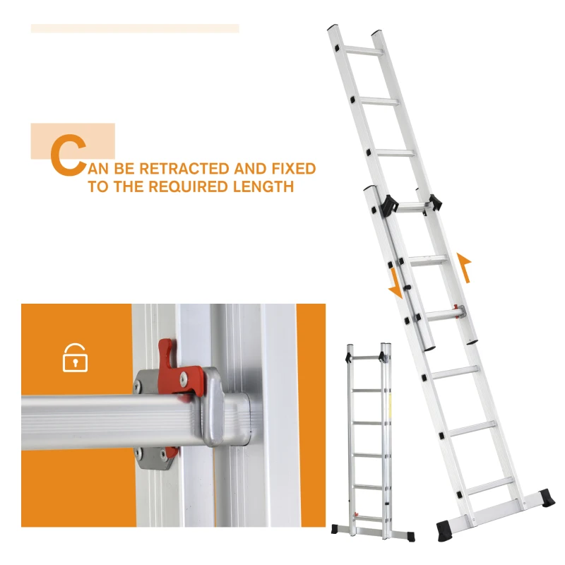 HOMCOM Durhand 2.5m Rail-step Joints Extension Aluminum Ladder, A-frame ，2 Usage Forms