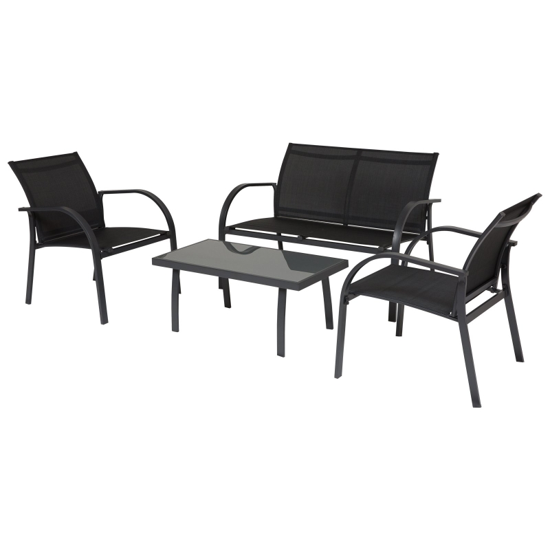 OUTSUNNY 4pcs Patio Furniture Set Garden Sofa Glass Top Coffee Table and Chairs with Armrest Suitable for Outdoor/Indoor Balcony Poolside