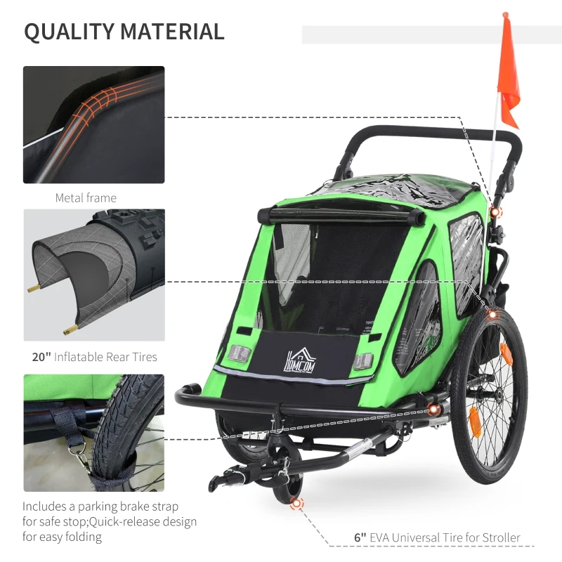 HOMCOM Child Bike Trailer 2 In1 Foldable Baby Stroller 2-Seater Transport Carrier with Adjustable Handlebar Storage Bag Reflector Flag 118L x 83W x 96H cm(Stroller) Green