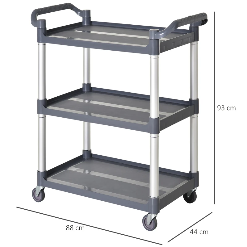 HOMCOM 3-Tier Metal Clean Cart Large Rolling Storage Trolley with 3 Shelves Utility Service Cart, Restaurant, Hotel, Livingroom, Silver and Grey
