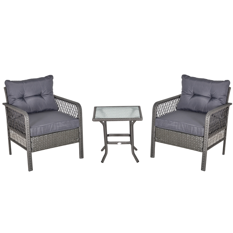 Outsunny 3 Pieces Patio Wicker Coffee Table Set Bistro Conversation Furniture w/ Cushion for Patio Yard Porch Grey