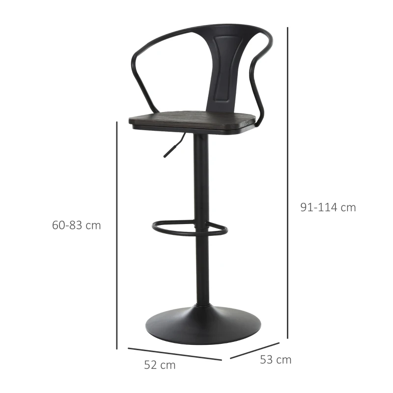 HOMCOM Modern Set of 2 Bar Chairs Swivel Chair Height Adjustable Backrest Wooden Metal 5 Caster Wheels Sturdy Black