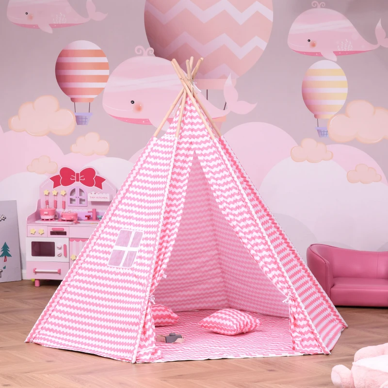 HOMCOM Kids Teepee Play Tent Portable Children Playhouse Toy for Boys and Girls with Mat Pillow Carry Case Indoor Outdoor Games Pink