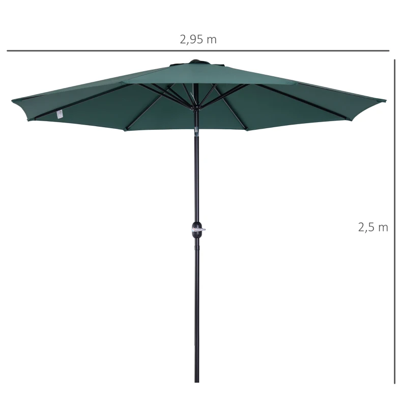 Outsunny Chapéu de Sol de Jardim Ø295x250cm com Manivela Chapéu de Sol Exterior com Mecanismo de Inclinação e Mastro Desmontável de Metal para Terraço Piscina Pátio Verde