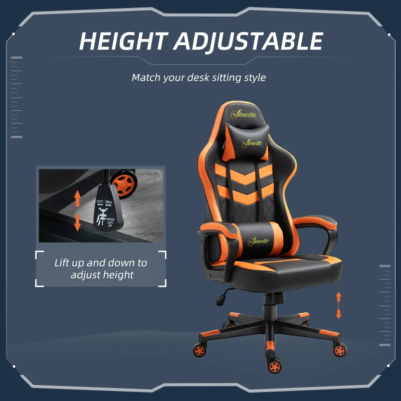 Vinsetto High Back Rocking Gaming Office Chair with Headrest and Lumbar Support, Rolling Casters Orange